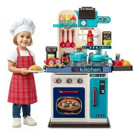 Kids Play Kitchen Set with Realistic Sound, Light & Running Water Sink